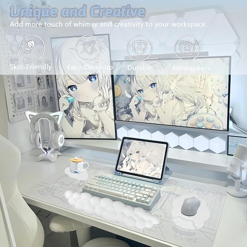 WFCYGL Cloud Wrist Rest Keyboard Cute Cloud Mouse Pad with Wrist Rest for Keyboard and Mouse Leather Cloud Wrist Pad Non-Slip Wrist Support for Computer Gaming Home Office Desk Decor Relief Pain White - Image 2